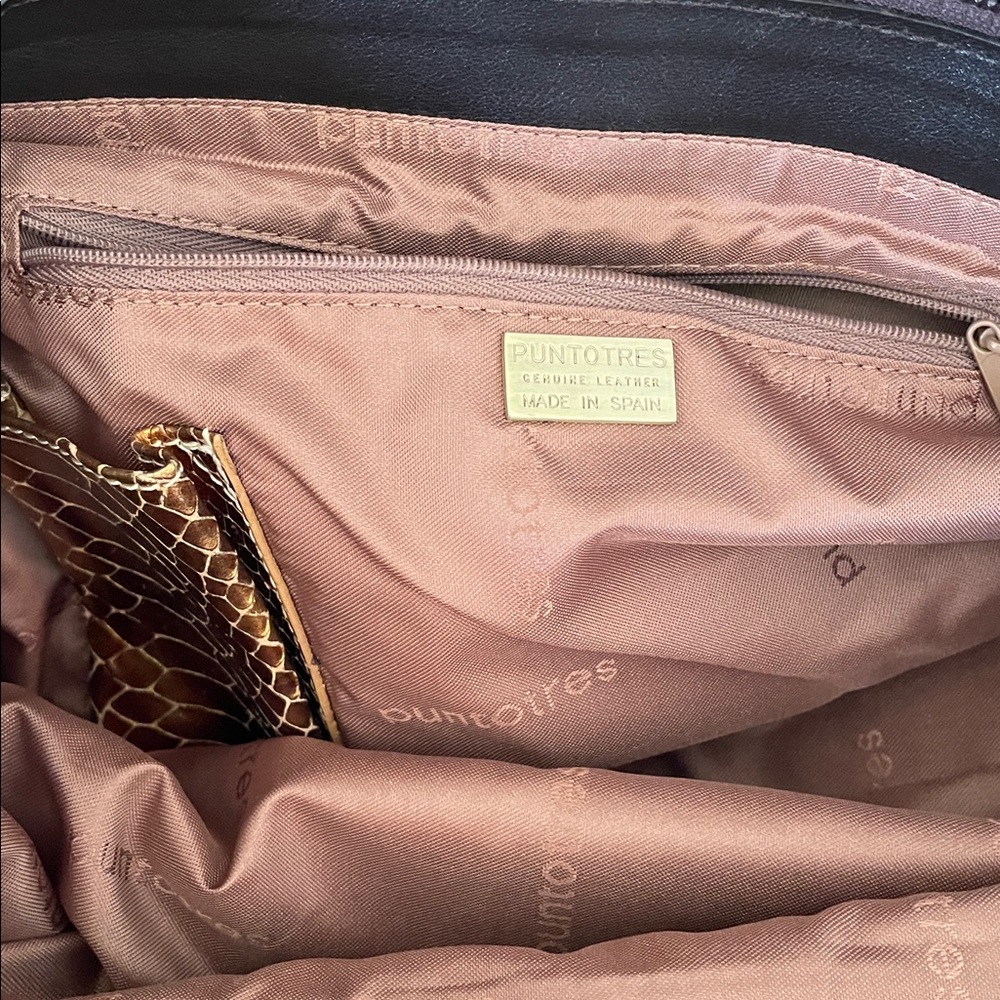 NWOT Puntotres Genuine Leather Spain Snake Print Elegant Gold Copper Handbag - Picture 10 of 12